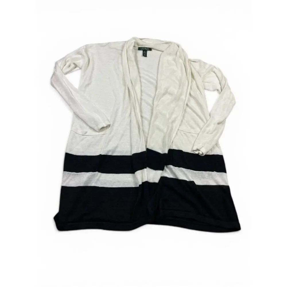 Lauren Ralph Lauren Linen Cardigan Colorblock Relaxed Fit Open Front Sweater S
